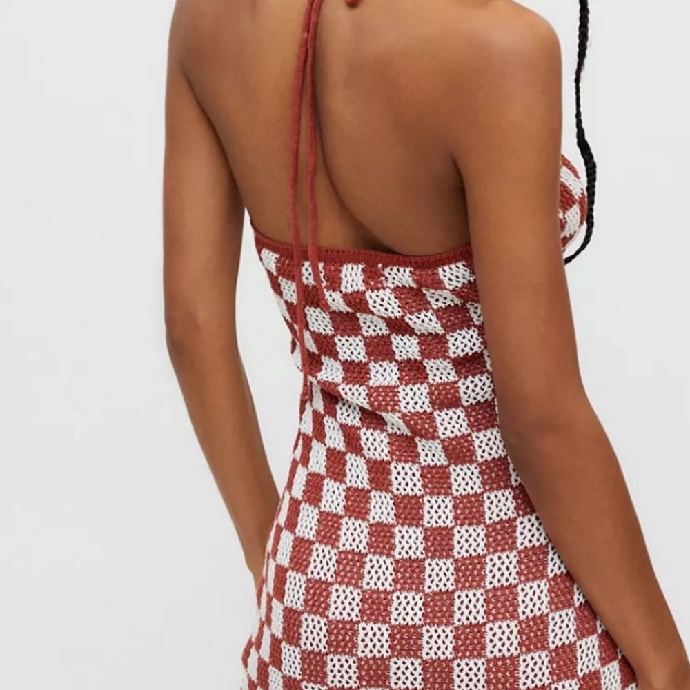 Isalis Village Crochet Halter Mini Dress in Rust - Picture 3 of 8